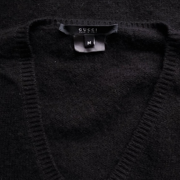 Gucci Cashmere Sweater Pullover Mens M Medium Black V-Neck Long Sleeves